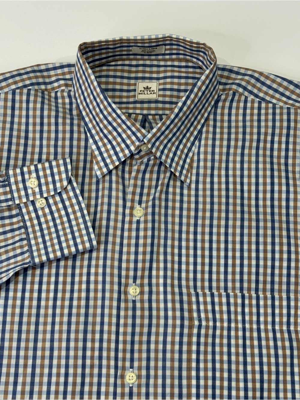 Peter Millar Men's XL 100% Cotton Long Sleeve Button Down Blue Tan Checkered